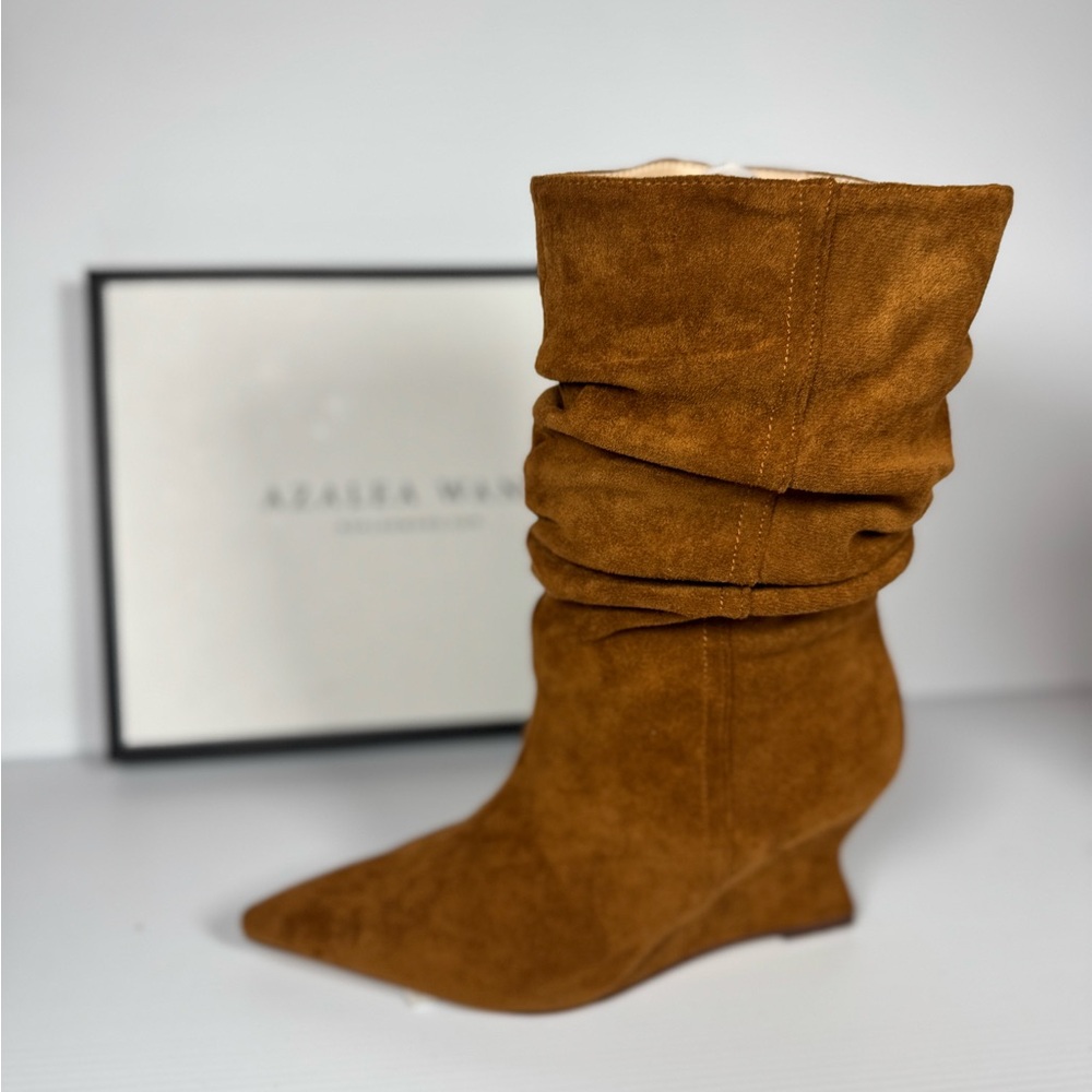 Azalea Wang Asaf Tan Slouch Wedge BootsSuede Pointed Toe Ankle Boot multiple Sz - Picture 4 of 7